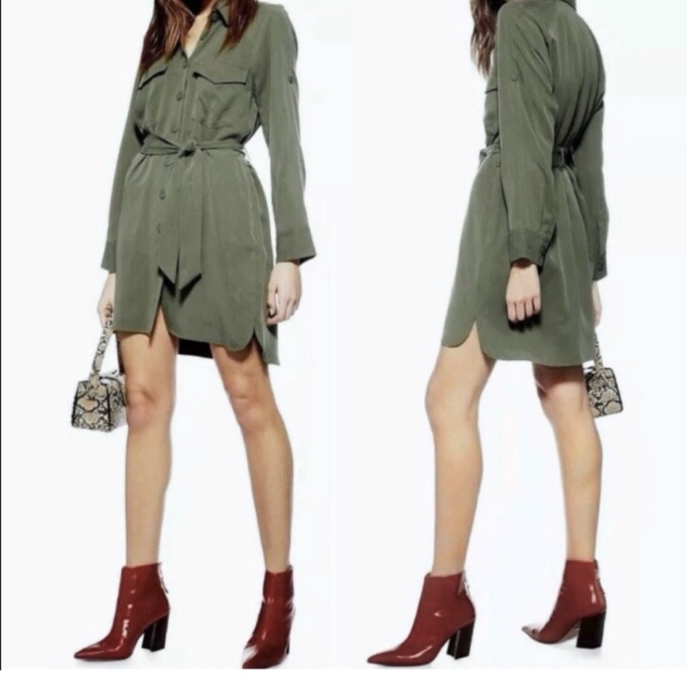 Topshop Women’s Olive Green- SZ 10 - Button Front Long Tabbed Sleeve Shirt Dress